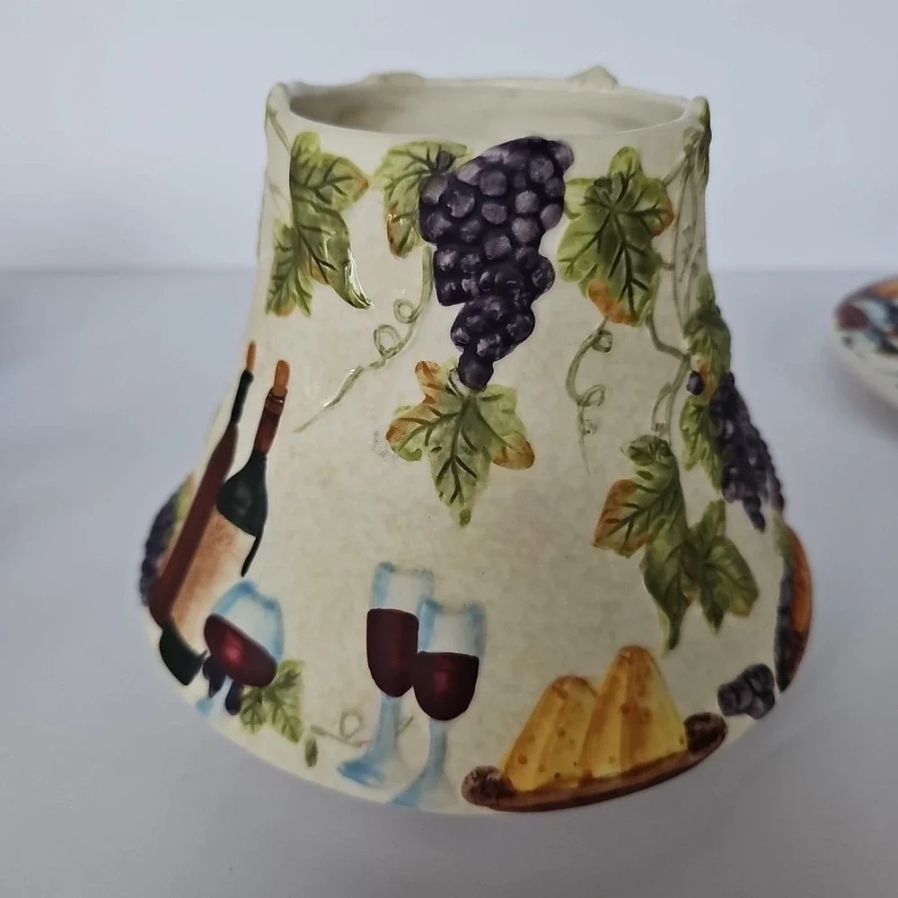 Vintage Yankee Candle Wine Vineyard Ceramic Jar Shade and Tray Set‎ Grapes Decor